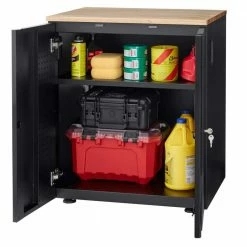 Husky Heavy Duty Welded 20-Gauge Steel 2-Door Garage Base Cabinet in Black (28 in. W x 32 in. H x 21.5 in. D) -ToolHub Shop black husky free standing cabinets htc1000001 66 1000