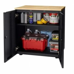 Husky Extra Wide Heavy Duty Welded 20-Gauge Steel 2-Door Garage Base Cabinet in Black (32 in. W x 33 in. H x 21.5 in. D) -ToolHub Shop black husky free standing cabinets htc1000001 ex 77 1000