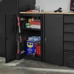 Husky Extra Wide Heavy Duty Welded 20-Gauge Steel 2-Door Garage Base Cabinet in Black (32 in. W x 33 in. H x 21.5 in. D) -ToolHub Shop black husky free standing cabinets htc1000001 ex d4 1000