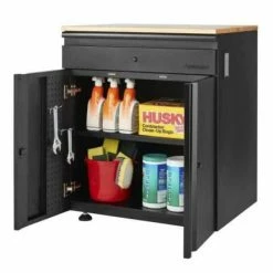 Husky Heavy Duty Welded 20-Gauge Steel 1-Drawer 2-Door Garage Base Cabinet in Black (28 in. W x 32 in. H x 21.5 in. D) -ToolHub Shop black husky free standing cabinets htc1000009 c3 1000