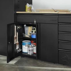 Husky Extra Wide Heavy Duty Welded 20-Gauge Steel 1-Drawer 2-Door Garage Cabinet in Black (32 in. W x 33 in. H x 21.5 in. D) -ToolHub Shop black husky free standing cabinets htc1000009 ex d4 1000