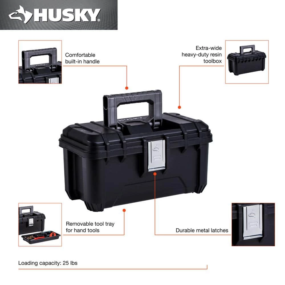 Husky 16 in. Black Plastic Portable Tool Box with Metal Latches 4 Husky 16 in. Black Plastic Portable Tool Box with Metal Latches - Image 2