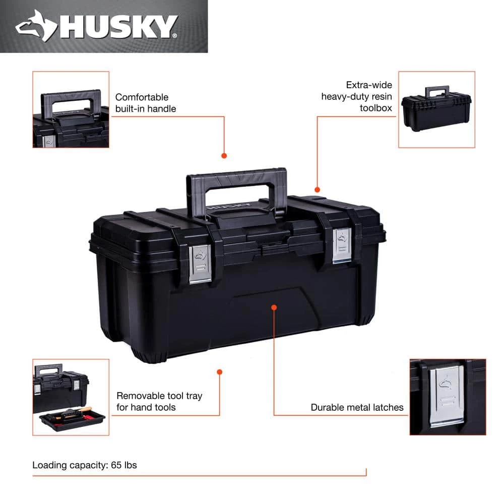 Husky 26 in. Black Plastic Portable Tool Box with Metal Latches 4 Husky 26 in. Black Plastic Portable Tool Box with Metal Latches - Image 2