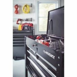 Husky 33 in 4-Drawer Mechanics Cart with Extended Side Table and Bottle Tray 31 Husky 33 in 4-Drawer Mechanics Cart with Extended Side Table and Bottle Tray -ToolHub Shop black husky tool carts xhouc3304b11 31 1000