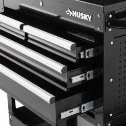 Husky 33 in 4-Drawer Mechanics Cart with Extended Side Table and Bottle Tray 25 Husky 33 in 4-Drawer Mechanics Cart with Extended Side Table and Bottle Tray -ToolHub Shop black husky tool carts xhouc3304b11 4f 1000