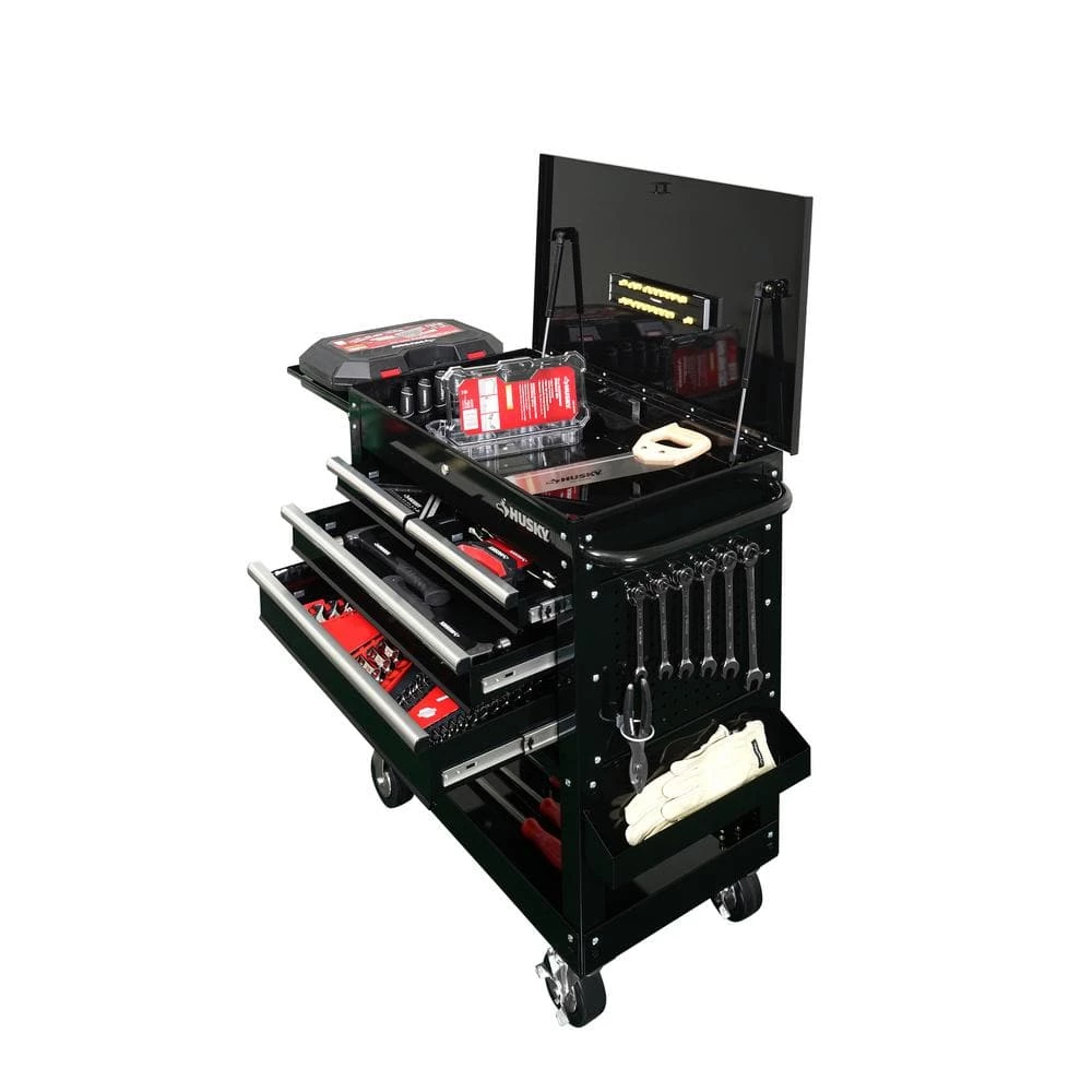 Husky 33 in 4-Drawer Mechanics Cart with Extended Side Table and Bottle Tray 15 Husky 33 in 4-Drawer Mechanics Cart with Extended Side Table and Bottle Tray - Image 13