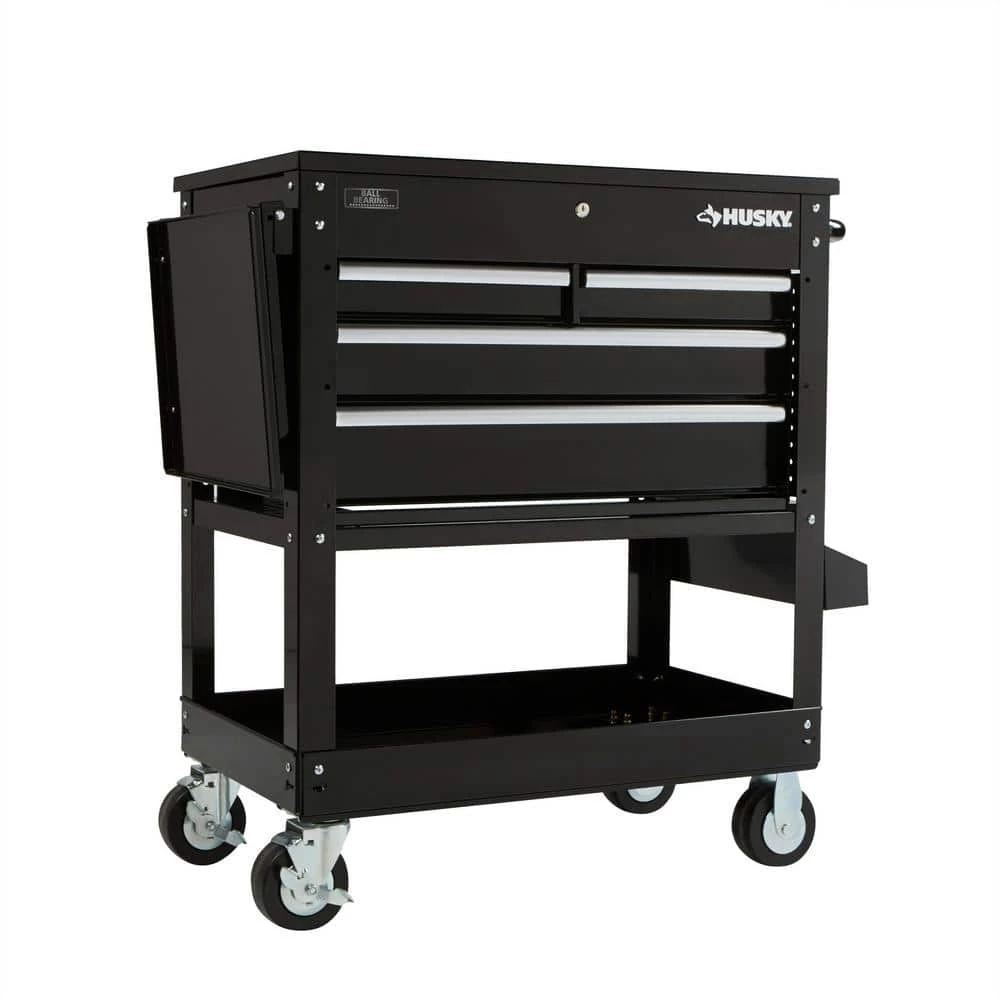 Husky 33 in 4-Drawer Mechanics Cart with Extended Side Table and Bottle Tray 16 Husky 33 in 4-Drawer Mechanics Cart with Extended Side Table and Bottle Tray - Image 14