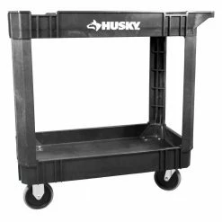 Husky 2-Tier Plastic 4-Wheeled Service Cart in Black with 500 lb. Capacity -ToolHub Shop black husky utility carts 410 113 0111 31 1000