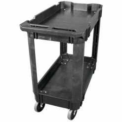 Husky 2-Tier Plastic 4-Wheeled Service Cart in Black with 500 lb. Capacity -ToolHub Shop black husky utility carts 410 113 0111 c3 1000