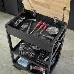 Husky Utility Cart with Wooden Top in Black (24.25 in. W x 37.5 in. H x 17.5 in. D) -ToolHub Shop black husky utility carts htc1000018 1d 1000