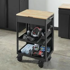 Husky Utility Cart with Wooden Top in Black (24.25 in. W x 37.5 in. H x 17.5 in. D) -ToolHub Shop black husky utility carts htc1000018 a0 1000