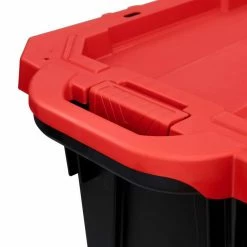 Husky 45 Gal. Latch and Stack Tote with Wheels in Black with Red Lid -ToolHub Shop black red husky storage bins 206201 4f 1000