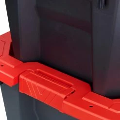 Husky 45 Gal. Latch and Stack Tote with Wheels in Black with Red Lid -ToolHub Shop black red husky storage bins 206201 66 1000