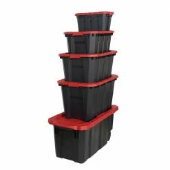 Husky 45 Gal. Latch and Stack Tote with Wheels in Black with Red Lid -ToolHub Shop black red husky storage bins 206201 76 1000