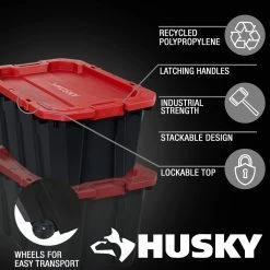 Husky 45 Gal. Latch and Stack Tote with Wheels in Black with Red Lid -ToolHub Shop black red husky storage bins 206201 a0 1000