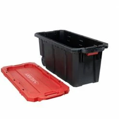 Husky 45 Gal. Latch and Stack Tote with Wheels in Black with Red Lid -ToolHub Shop black red husky storage bins 206201 c3 1000