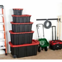 Husky 45 Gal. Latch and Stack Tote with Wheels in Black with Red Lid -ToolHub Shop black red husky storage bins 206201 d4 1000