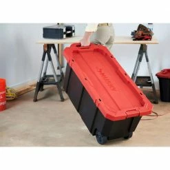 Husky 45 Gal. Latch and Stack Tote with Wheels in Black with Red Lid -ToolHub Shop black red husky storage bins 206201 fa 1000