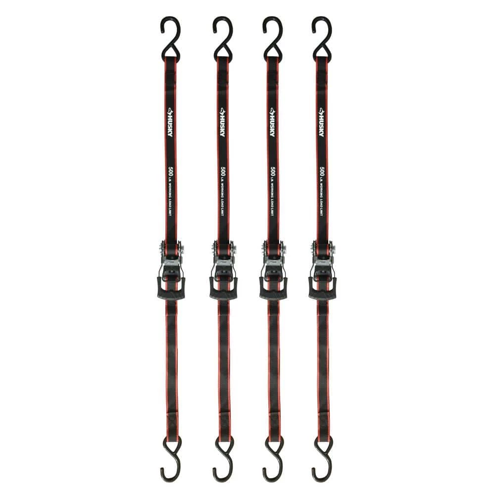 Husky 12 ft. x 1 in. Ratchet Tie Down with S Hook (4-Pack) 2 Husky 12 ft. x 1 in. Ratchet Tie Down with S Hook (4-Pack)