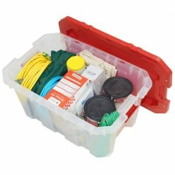 Husky 25 Gal. Latch and Stack Tote in Clear with Red Lid 22 Husky 25 Gal. Latch and Stack Tote in Clear with Red Lid -ToolHub Shop clear husky storage bins 206234 1f 1000