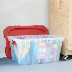 Husky 25 Gal. Latch and Stack Tote in Clear with Red Lid 26 Husky 25 Gal. Latch and Stack Tote in Clear with Red Lid -ToolHub Shop clear husky storage bins 206234 31 1000