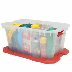 Husky 25 Gal. Latch and Stack Tote in Clear with Red Lid 25 Husky 25 Gal. Latch and Stack Tote in Clear with Red Lid -ToolHub Shop clear husky storage bins 206234 76 1000