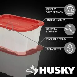 Husky 25 Gal. Latch and Stack Tote in Clear with Red Lid 18 Husky 25 Gal. Latch and Stack Tote in Clear with Red Lid -ToolHub Shop clear husky storage bins 206234 a0 1000