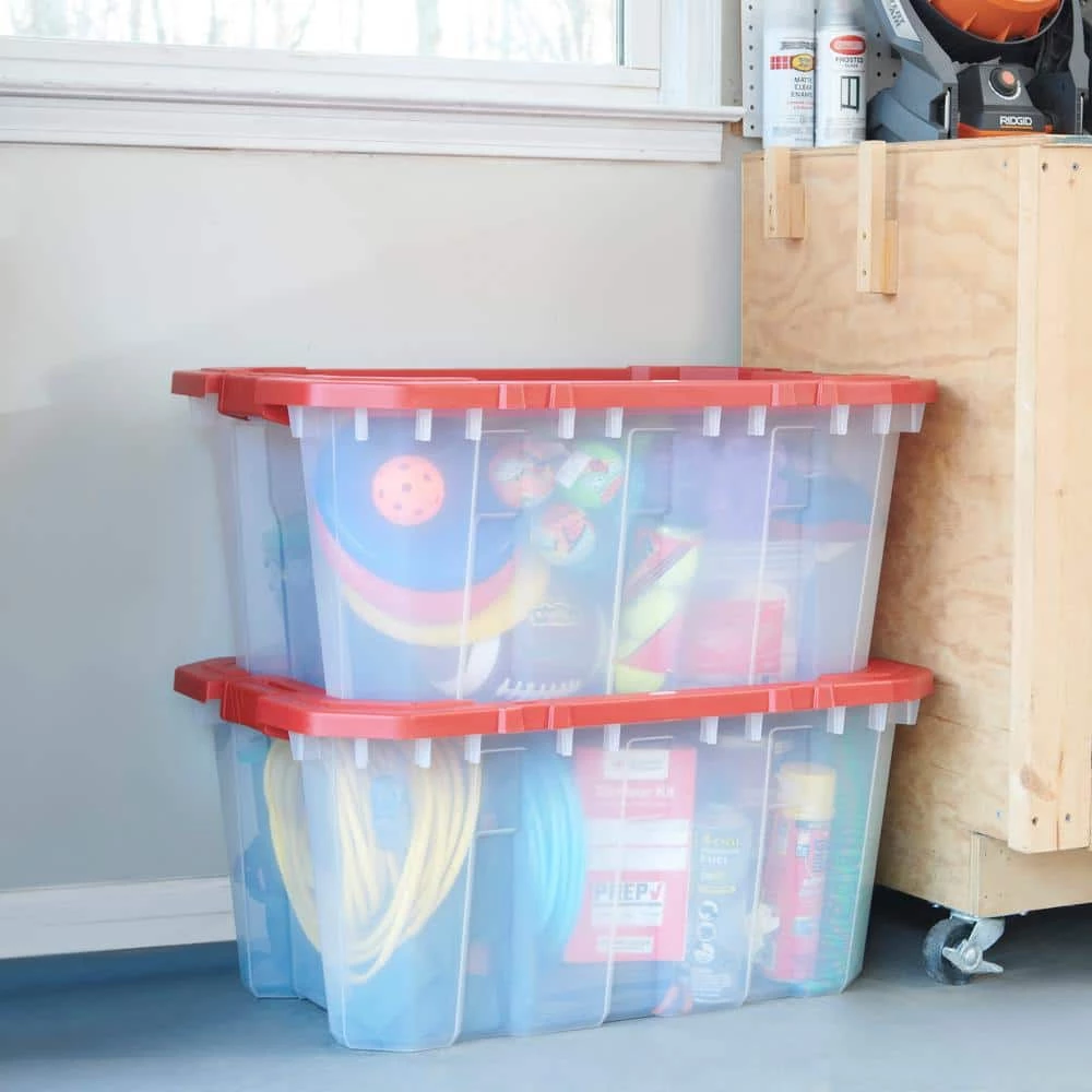 Husky 25 Gal. Latch and Stack Tote in Clear with Red Lid 4 Husky 25 Gal. Latch and Stack Tote in Clear with Red Lid - Image 2