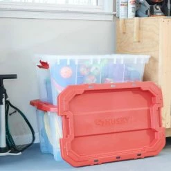 Husky 25 Gal. Latch and Stack Tote in Clear with Red Lid 27 Husky 25 Gal. Latch and Stack Tote in Clear with Red Lid -ToolHub Shop clear husky storage bins 206234 fa 1000 1