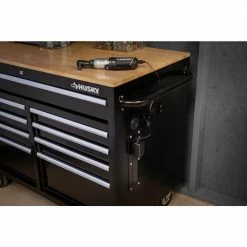 Husky 46 in. W x 24.5 in. D Standard Duty 9-Drawer Mobile Workbench Tool Chest with Solid Wood Top in Gloss Black -ToolHub Shop gloss black with silver trim husky mobile workbenches h46mwc9v2 1f 1000