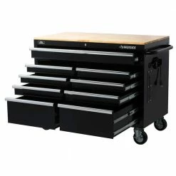 Husky 46 in. W x 24.5 in. D Standard Duty 9-Drawer Mobile Workbench Tool Chest with Solid Wood Top in Gloss Black -ToolHub Shop gloss black with silver trim husky mobile workbenches h46mwc9v2 44 1000