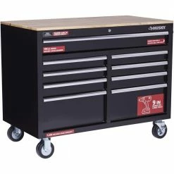 Husky 46 in. W x 24.5 in. D Standard Duty 9-Drawer Mobile Workbench Tool Chest with Solid Wood Top in Gloss Black -ToolHub Shop gloss black with silver trim husky mobile workbenches h46mwc9v2 66 1000