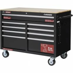 Husky 46 in. W x 24.5 in. D Standard Duty 9-Drawer Mobile Workbench Tool Chest with Solid Wood Top in Gloss Black -ToolHub Shop gloss black with silver trim husky mobile workbenches h46mwc9v2 76 1000