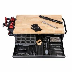 Husky 46 in. W x 24.5 in. D Standard Duty 9-Drawer Mobile Workbench Tool Chest with Solid Wood Top in Gloss Black -ToolHub Shop gloss black with silver trim husky mobile workbenches h46mwc9v2 77 1000