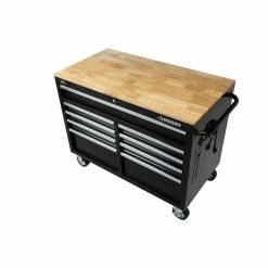 Husky 46 in. W x 24.5 in. D Standard Duty 9-Drawer Mobile Workbench Tool Chest with Solid Wood Top in Gloss Black -ToolHub Shop gloss black with silver trim husky mobile workbenches h46mwc9v2 a0 1000
