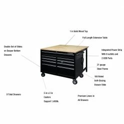 Husky 46 in.W x 51 in. D Standard Duty 9-Drawer Mobile Workbench with Solid Top Full Length Extension Table in Black -ToolHub Shop gloss black with silver trim husky mobile workbenches hotc4609b15m 1d 1000
