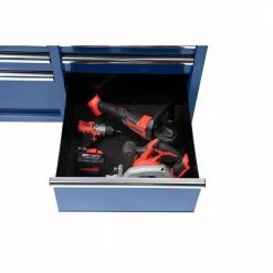Husky 46 in. W x 24.5 in. D Standard Duty 9-Drawer Mobile Workbench Tool Chest with Solid Wood Top in Gloss Blue -ToolHub Shop gloss blue with silver trim husky mobile workbenches h46mwc9gbv2 4f 1000