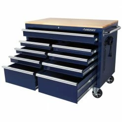 Husky 46 in. W x 24.5 in. D Standard Duty 9-Drawer Mobile Workbench Tool Chest with Solid Wood Top in Gloss Blue -ToolHub Shop gloss blue with silver trim husky mobile workbenches h46mwc9gbv2 a0 1000