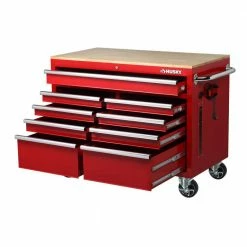 Husky 46 in. W x 24.5 in. D 9-Drawer Gloss Red Deep Tool Chest Mobile Workbench with Hardwood Top -ToolHub Shop gloss red husky mobile workbenches h46mwc9rv2 c c3 1000