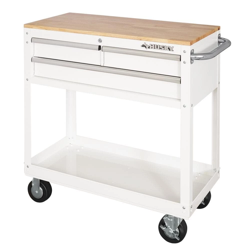 Husky 36 in. 3-Drawer with Solid Wood Top in Gloss White Utility Cart 3 Husky 36 in. 3-Drawer with Solid Wood Top in Gloss White Utility Cart