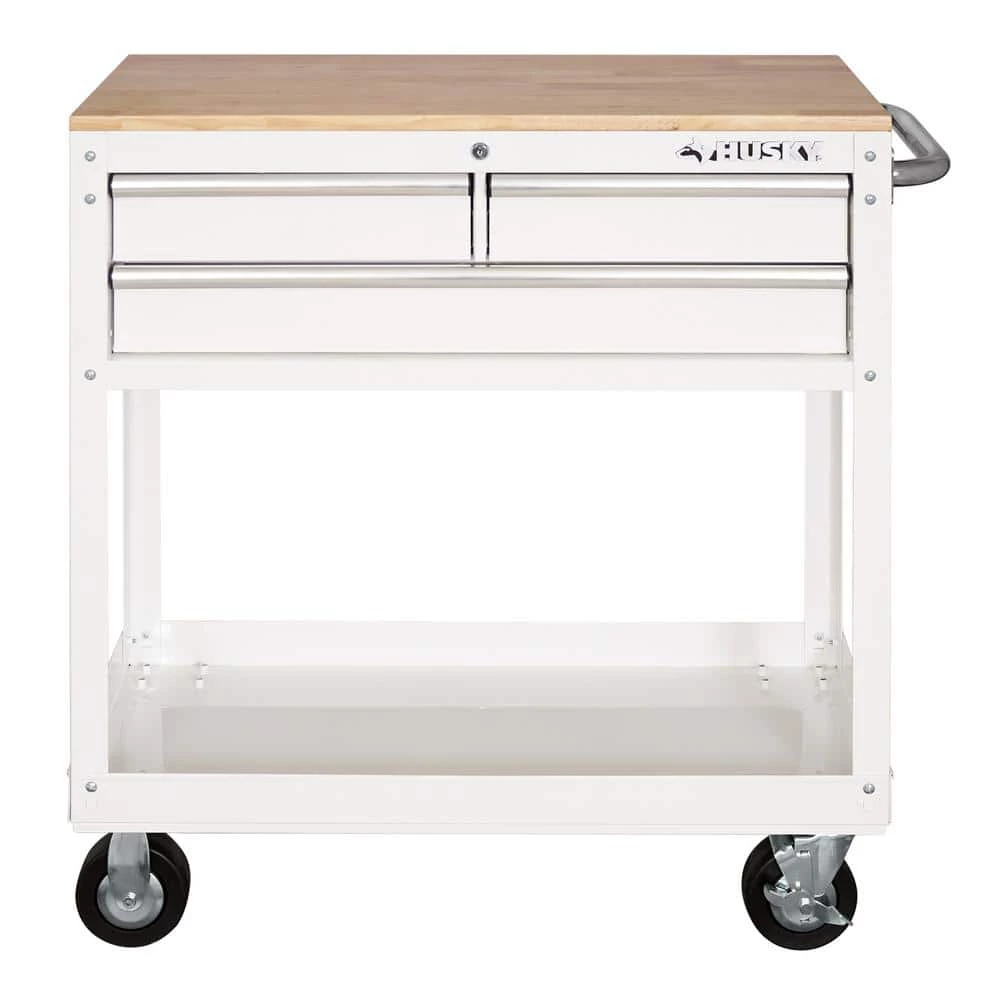 Husky 36 in. 3-Drawer with Solid Wood Top in Gloss White Utility Cart 7 Husky 36 in. 3-Drawer with Solid Wood Top in Gloss White Utility Cart - Image 5
