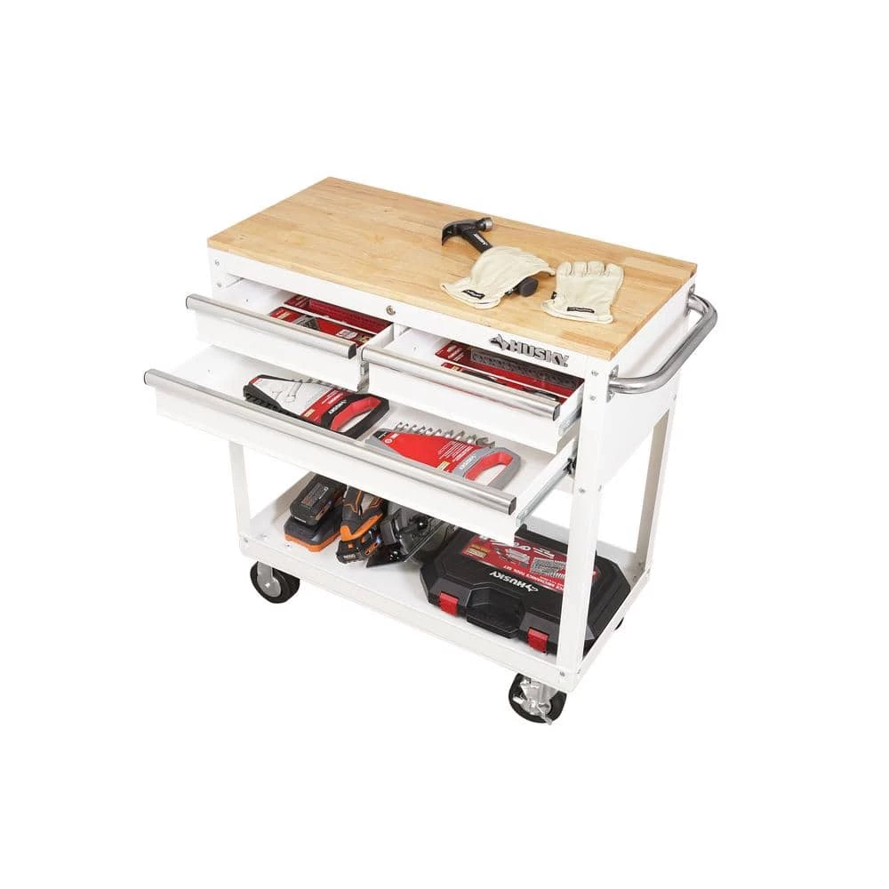 Husky 36 in. 3-Drawer with Solid Wood Top in Gloss White Utility Cart 13 Husky 36 in. 3-Drawer with Solid Wood Top in Gloss White Utility Cart - Image 11