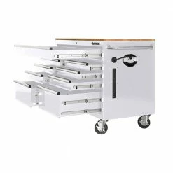 Husky 46 in. W x 24.5 in D Standard Duty 9-Drawer Mobile Workbench Tool Chest with Solid Wood Top in Gloss White 21 Husky 46 in. W x 24.5 in D Standard Duty 9-Drawer Mobile Workbench Tool Chest with Solid Wood Top in Gloss White -ToolHub Shop gloss white with silver trim husky mobile workbenches hotc4609bj6m 4f 1000