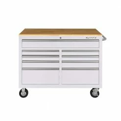 Husky 46 in. W x 24.5 in D Standard Duty 9-Drawer Mobile Workbench Tool Chest with Solid Wood Top in Gloss White 20 Husky 46 in. W x 24.5 in D Standard Duty 9-Drawer Mobile Workbench Tool Chest with Solid Wood Top in Gloss White -ToolHub Shop gloss white with silver trim husky mobile workbenches hotc4609bj6m c3 1000