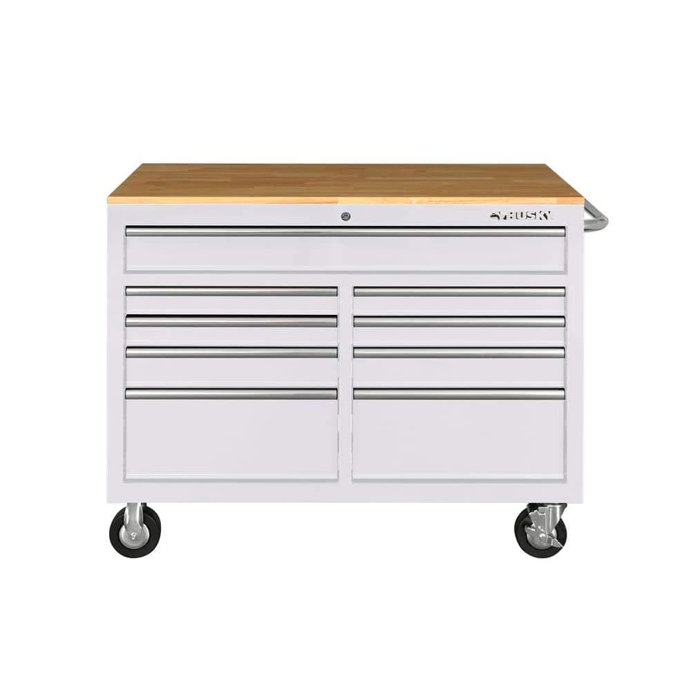 Husky 46 in. W x 24.5 in D Standard Duty 9-Drawer Mobile Workbench Tool Chest with Solid Wood Top in Gloss White 8 Husky 46 in. W x 24.5 in D Standard Duty 9-Drawer Mobile Workbench Tool Chest with Solid Wood Top in Gloss White - Image 6