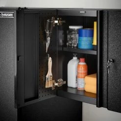 Husky Pro Duty Welded 20-Gauge Steel Wall Mounted Garage Cabinet in Black LINE-X (28 in. W x 22 in. H x 14 in. D) -ToolHub Shop husky black linex husky wall mounted cabinets htc1000010 lx 1d 1000