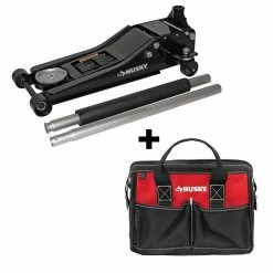 Husky 3-Ton Low Profile Floor Jack with Quick Lift with 12 in. 4 Pocket Zippered Tool Bag