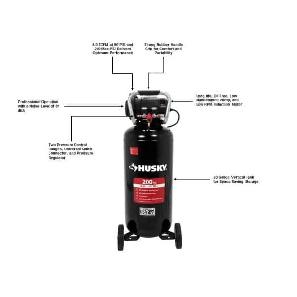 Husky 20 Gal. 200 PSI Oil Free Portable Vertical Electric Air Compressor 11 Husky 20 Gal. 200 PSI Oil Free Portable Vertical Electric Air Compressor - Image 9