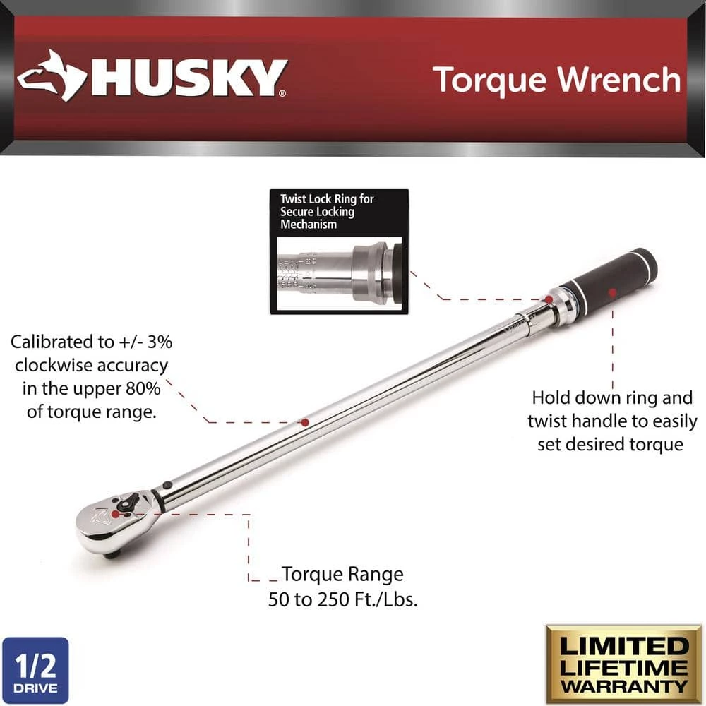 Husky 50 ft. /lbs. to 250 ft. /lbs. 1/2 in. Drive Torque Wrench 4 Husky 50 ft. /lbs. to 250 ft. /lbs. 1/2 in. Drive Torque Wrench - Image 2