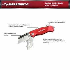Husky Folding Lock-Back Utility Knife, Red with 10-Blades -ToolHub Shop husky utility knives 99979 4f 1000